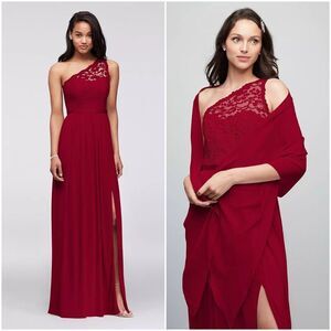 David's Bridal One Shoulder Lace Bodice Long Maxi Dress Size 22 Apple Red